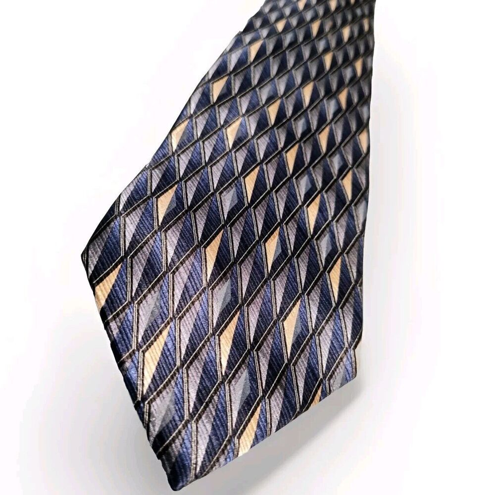 Palatina Men's 100% Imported Silk Necktie Blue Gold Abstract Print Made In USA